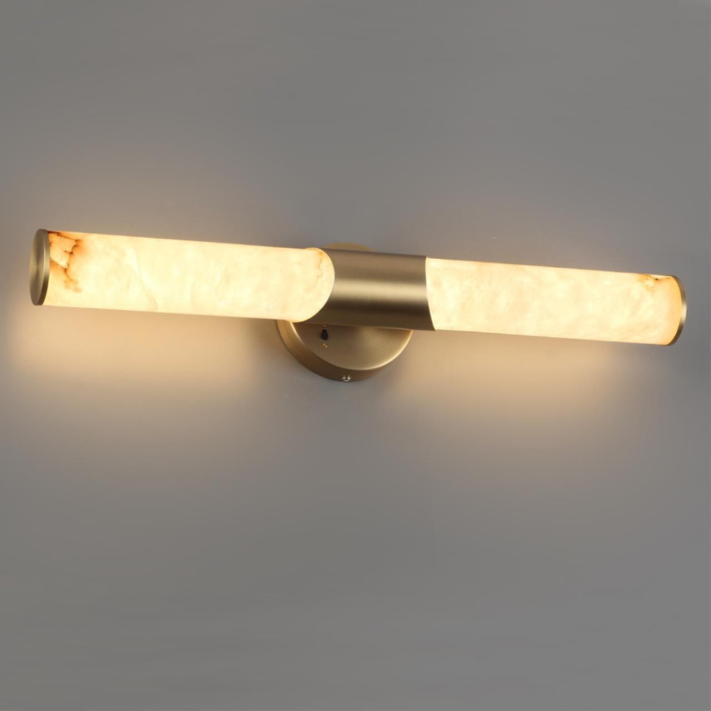 Бра с вытянутым цилиндрическим плафоном из белого алебастра на круглом основании Латунь Cryptocrystalline Stone