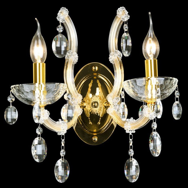 Бра с двумя лампами и крупными хрустальными подвесками на золотом основании Crystal lamps