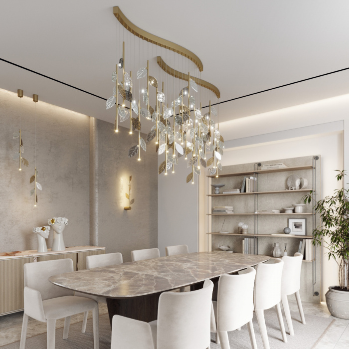 Бра с золотистой вертикальной трубкой и декоративными прозрачными листьями из стекла Sylva