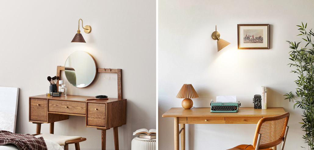 Бра с поворотными плафонами конусообразной формы из дерева с латунной отделкой DOMENIC