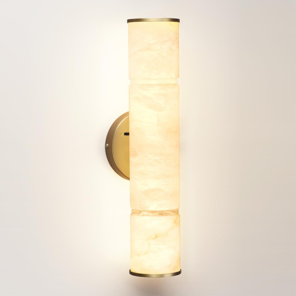 Бра с цилиндрическим плафоном из белого алебастра на круглом основании Латунь Cryptocrystalline Stone