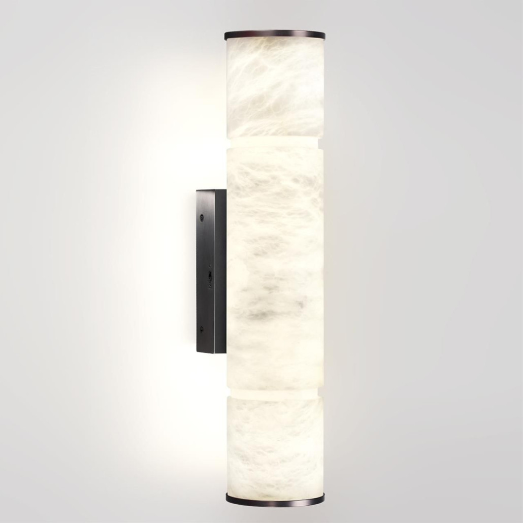 Бра с цилиндрическим плафоном из белого алебастра на прямоугольном основании Темная Латунь Cryptocrystalline Stone