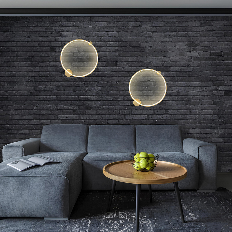 Бра светодиодное круглой формы с рамкой цвета латунь Ring Horizontal