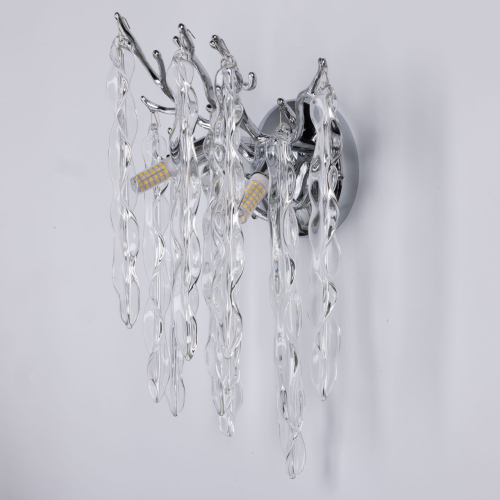 Бра цвета хром с ветвями и прозрачными стеклянными подвесками в виде вытянутых спиральных капель Droplet Chandelier
