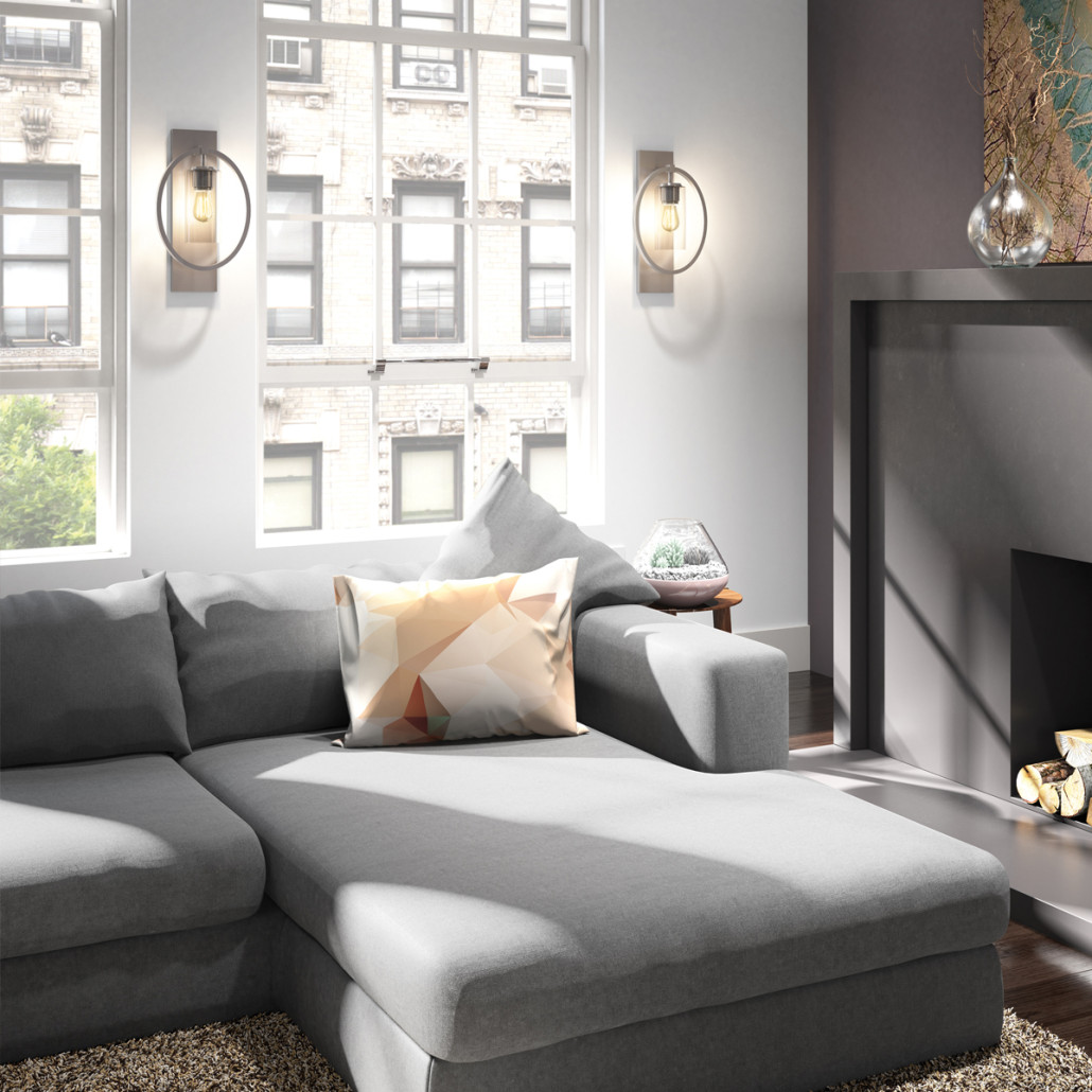 Бра цвета хром с круглой рамой и цилиндрическим прозрачным стеклянным плафоном на прямоугольном основании Feiss