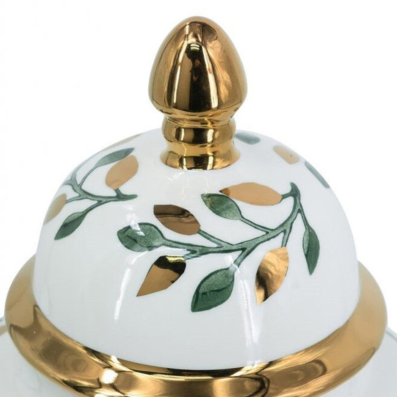 Ваза белая с крышкой с рисунком зеленых и золотых листьев 40 см Chinoiserie Ceramics