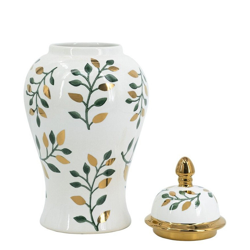 Ваза белая с крышкой с рисунком зеленых и золотых листьев 40 см Chinoiserie Ceramics