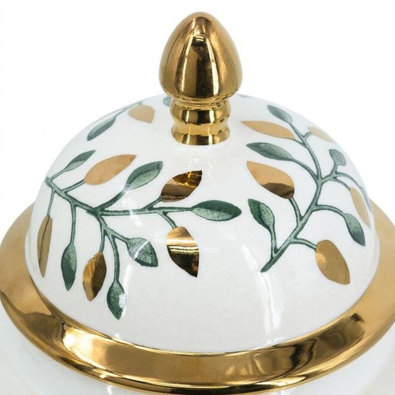 Ваза белая с крышкой с рисунком зеленых и золотых листьев 48 см Chinoiserie Ceramics