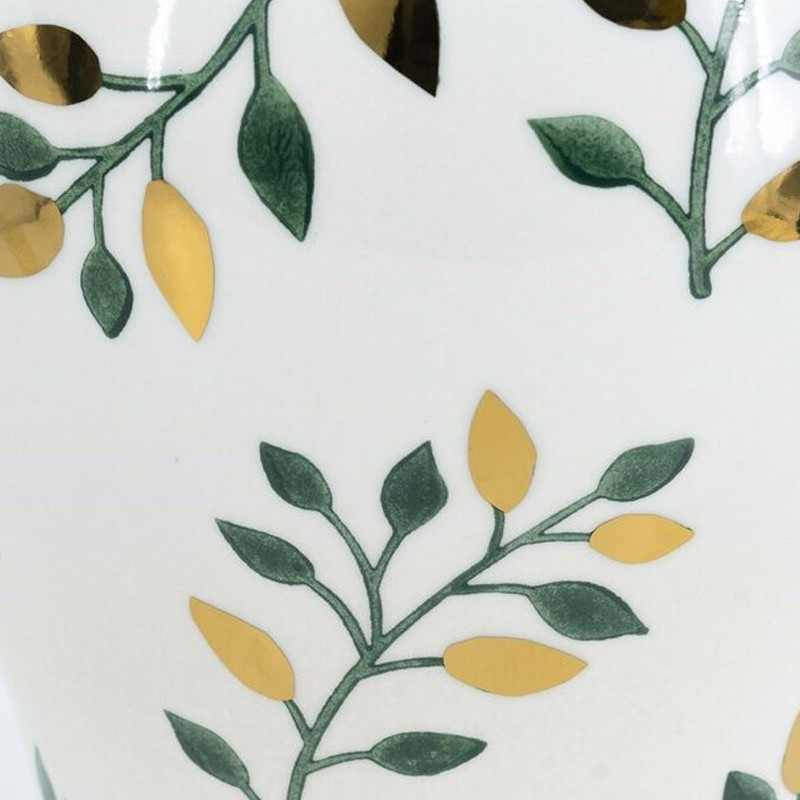 Ваза белая с крышкой с рисунком зеленых и золотых листьев 48 см Chinoiserie Ceramics
