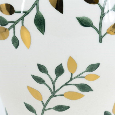 Ваза белая с крышкой с рисунком зеленых и золотых листьев 48 см Chinoiserie Ceramics