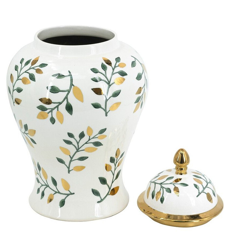 Ваза белая с крышкой с рисунком зеленых и золотых листьев 48 см Chinoiserie Ceramics