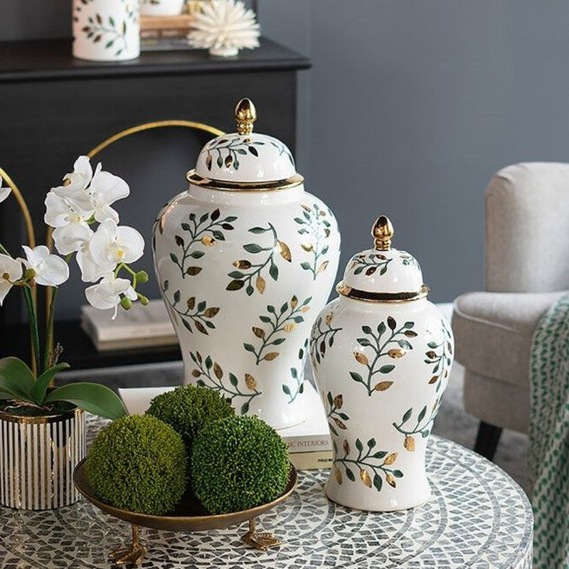 Ваза белая с крышкой с рисунком зеленых и золотых листьев 48 см Chinoiserie Ceramics