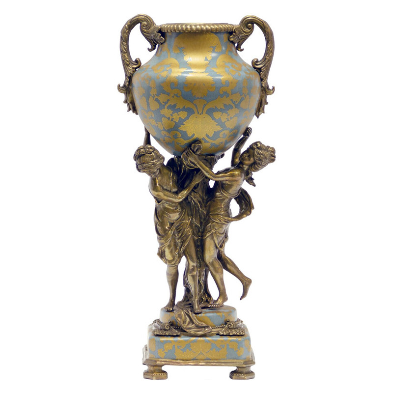 Ваза голубого цвета из фарфора с золотым растительным орнаментом и бронзовыми фигурками женщин Eden Garden porcelain and bronze