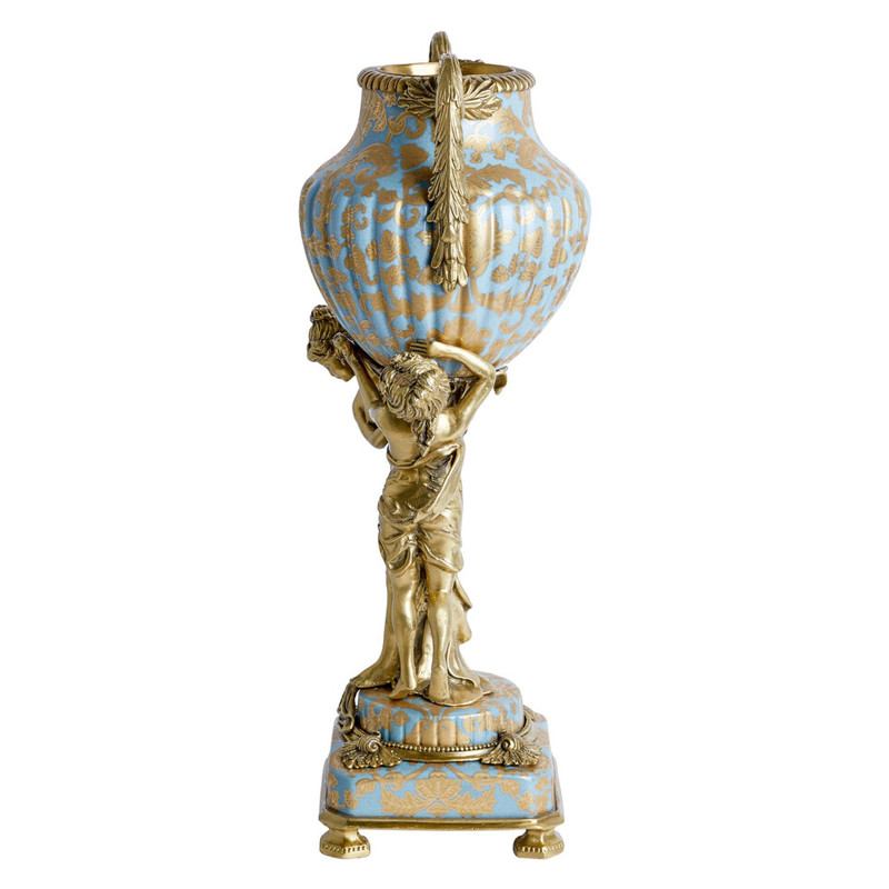 Ваза голубого цвета из фарфора с золотым растительным орнаментом и бронзовыми фигурками женщин Eden Garden porcelain and bronze