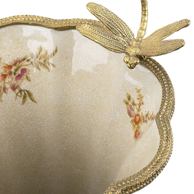 Ваза голубого цвета из фарфора с цветочным рисунком и бронзовой стрекозой Blue Garden