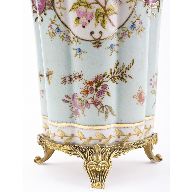 Ваза голубого цвета из фарфора с цветочным рисунком и бронзовой стрекозой Blue Garden