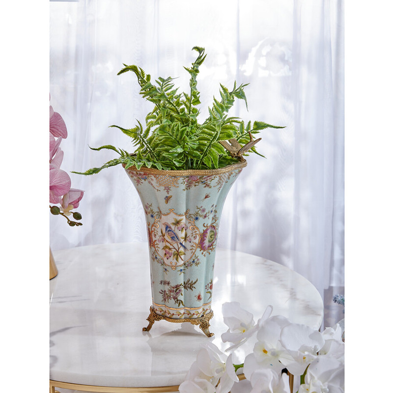 Ваза голубого цвета из фарфора с цветочным рисунком и бронзовой стрекозой Blue Garden