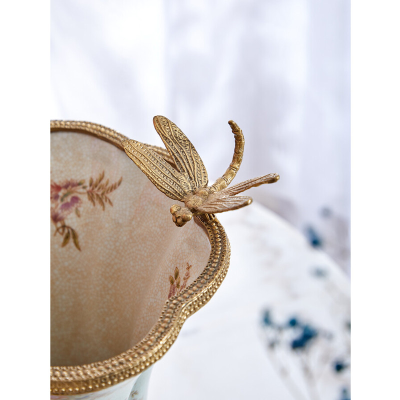 Ваза голубого цвета из фарфора с цветочным рисунком и бронзовой стрекозой Blue Garden