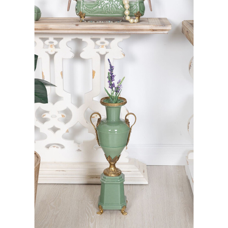 Ваза зеленого цвета из фарфора на высокой подставке с бронзовыми ручками Eden Garden porcelain and bronze