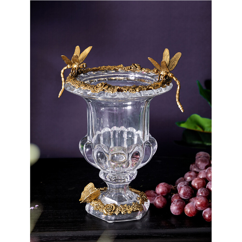 Ваза из прозрачного стекла на бронзовой подставке с ободком и ручками в виде стрекоз Eden Garden