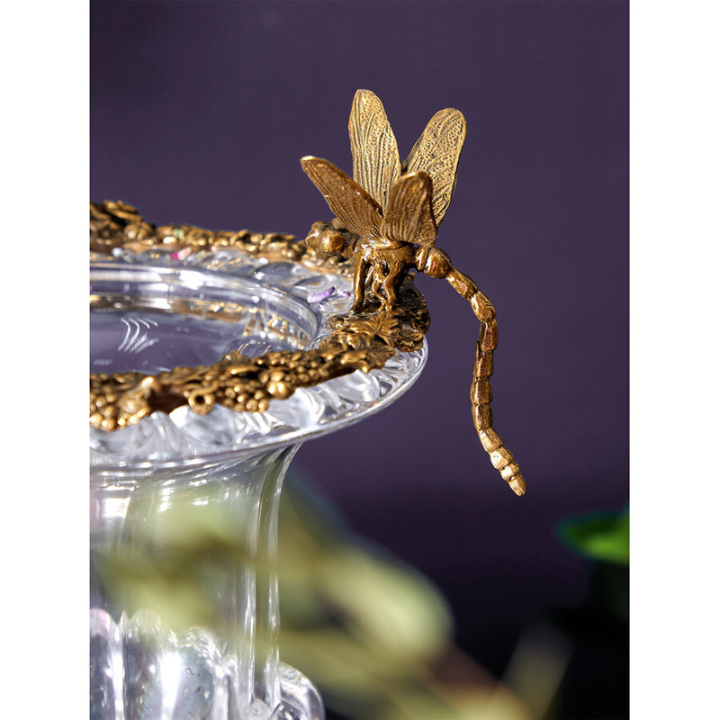 Ваза из прозрачного стекла на бронзовой подставке с ободком и ручками в виде стрекоз Eden Garden