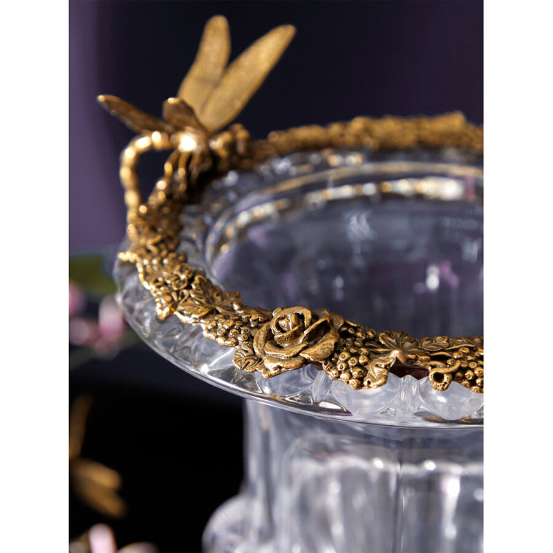 Ваза из прозрачного стекла на бронзовой подставке с ободком и ручками в виде стрекоз Eden Garden