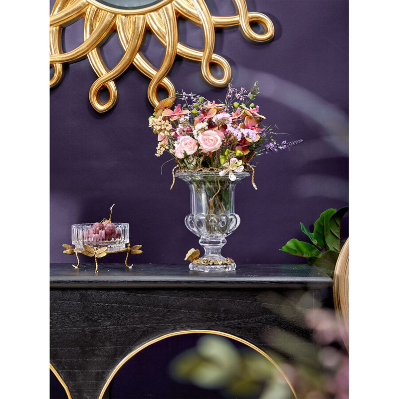 Ваза из прозрачного стекла на бронзовой подставке с ободком и ручками в виде стрекоз Eden Garden