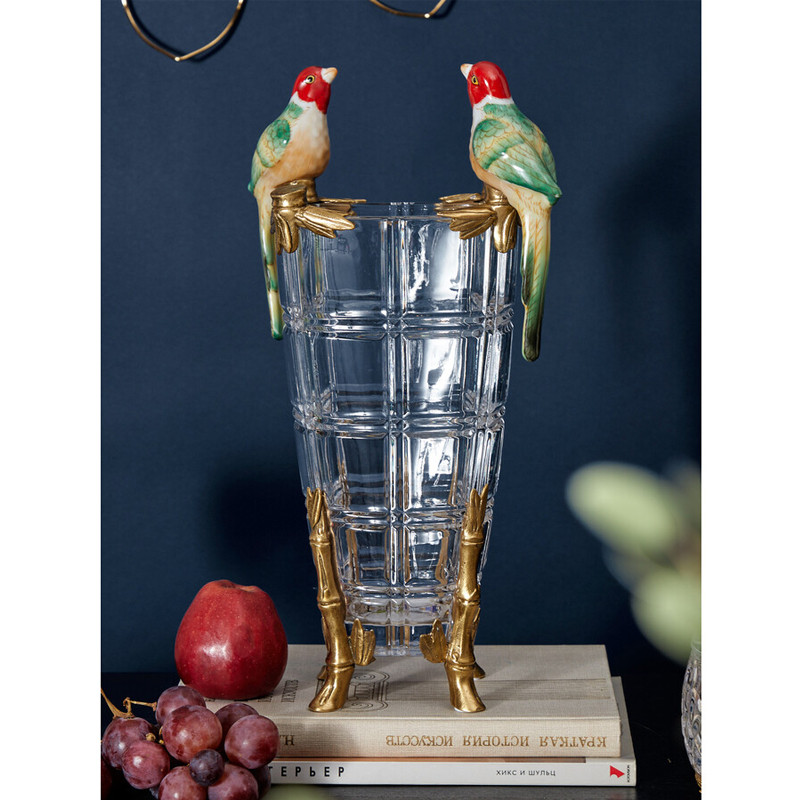 Ваза из прозрачного стекла с бронзовыми ножками и фигурками попугаев Eden Garden porcelain and bronze