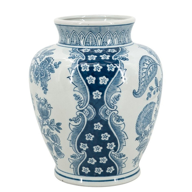 Ваза округлой формы белого цвета с синим растительным узором Blue & White Ornament