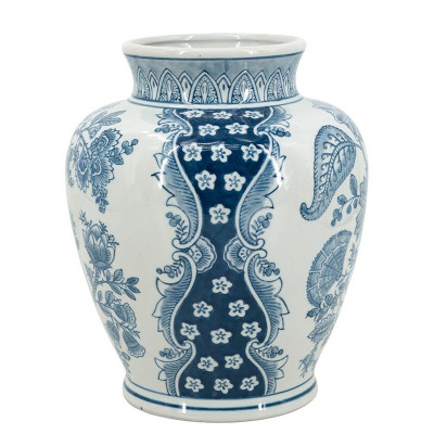 Ваза округлой формы белого цвета с синим растительным узором Blue & White Ornament