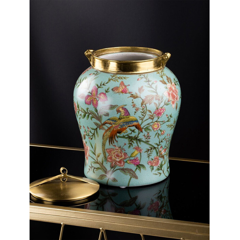 Ваза округлой формы из фарфора с рисунком и бронзовой крышкой Turquoise Blooming Garden