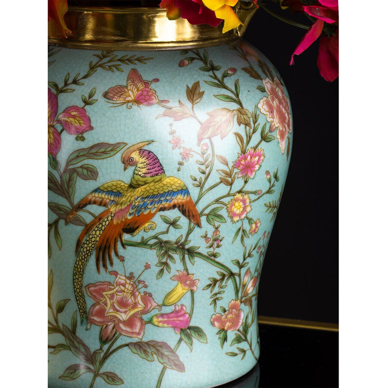 Ваза округлой формы из фарфора с рисунком и бронзовой крышкой Turquoise Blooming Garden