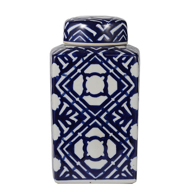 Ваза прямоугольной формы с крышкой и геометрическим узором в сине-белых цветах Blue & White Ornament