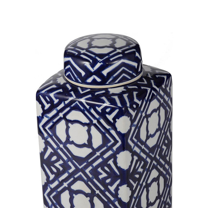 Ваза прямоугольной формы с крышкой и геометрическим узором в сине-белых цветах Blue & White Ornament