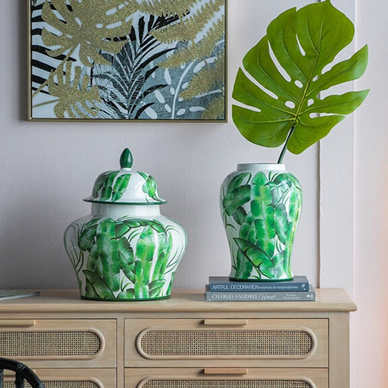 Ваза с зелёными листьями и крышкой Vase Green Leaves