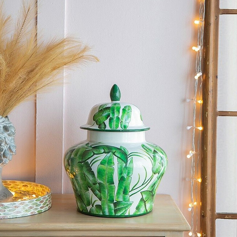 Ваза с зелёными листьями и крышкой Vase Green Leaves