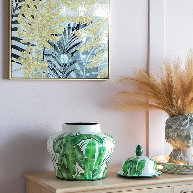 Ваза с зелёными листьями и крышкой Vase Green Leaves