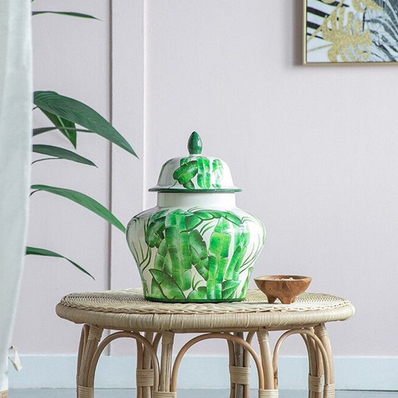 Ваза с зелёными листьями и крышкой Vase Green Leaves