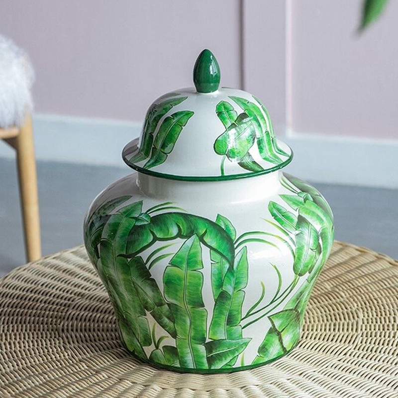 Ваза с зелёными листьями и крышкой Vase Green Leaves