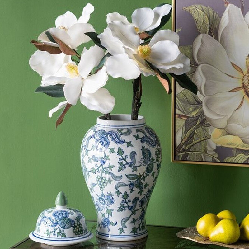 Ваза с крышкой и зелено-голубым рисунком на белом фоне 51 см Blue & White Ornament