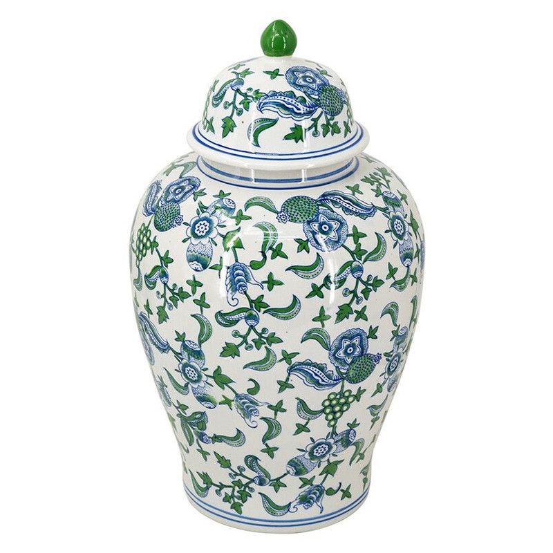 Ваза с крышкой и зелено-голубым цветочным узором на белом фоне Blue & White Ornament