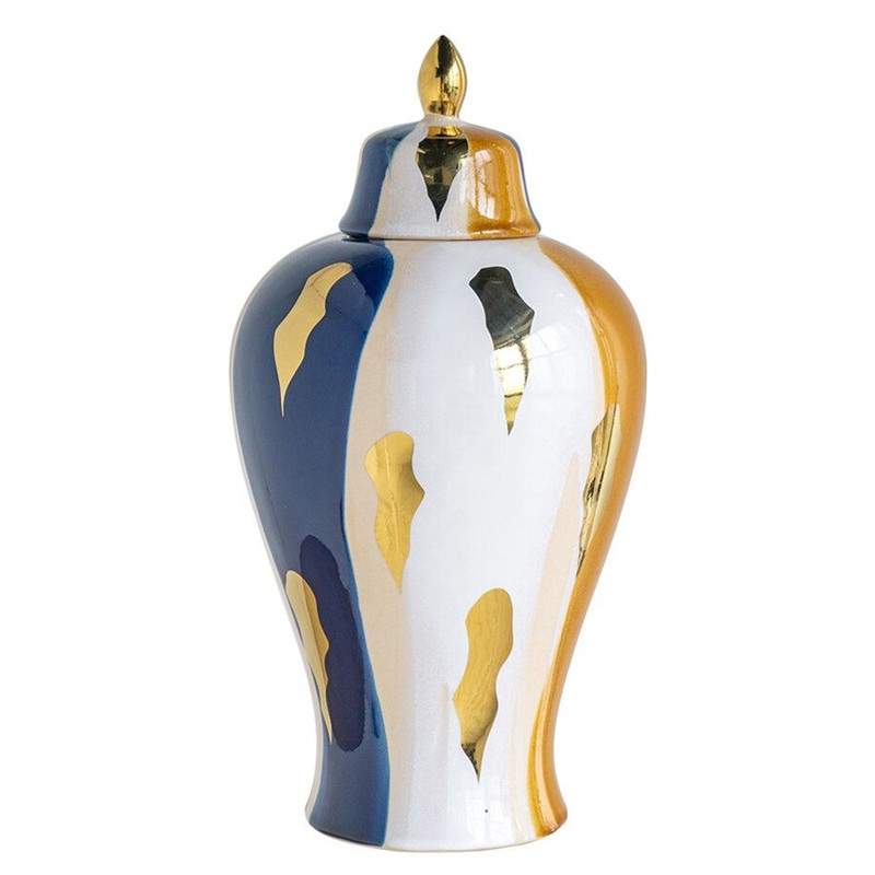 Ваза с крышкой и мазками синего и золого цвета на белом фоне Chinoiserie Ceramics