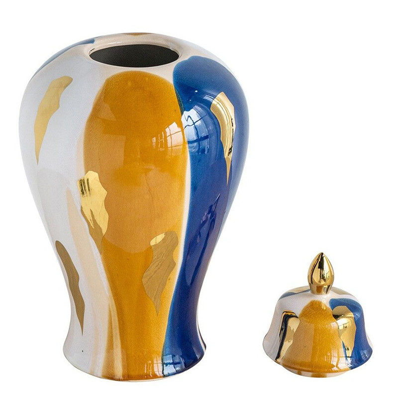 Ваза с крышкой и мазками синего и золого цвета на белом фоне Chinoiserie Ceramics