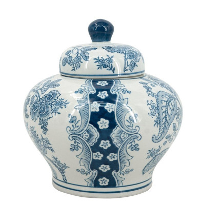 Ваза с крышкой и синим узором в виде цветов и листьев Blue & White Ornament