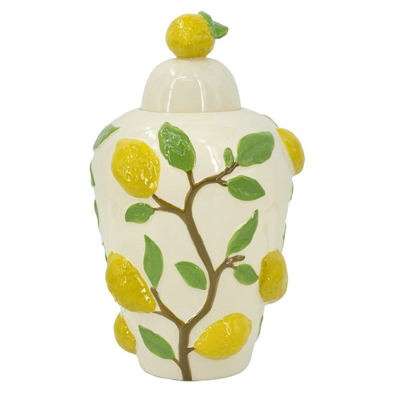 Ваза с крышкой кремового цвета и объемным рисунком лимонов и листьев Lemon Delight