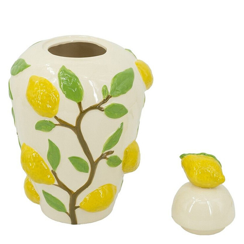 Ваза с крышкой кремового цвета и объемным рисунком лимонов и листьев Lemon Delight