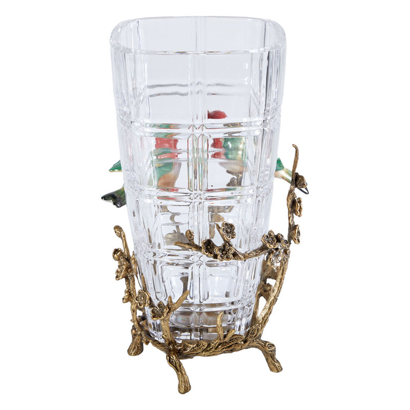 Ваза стеклянная прозрачная с бронзовым основанием в виде ветвей и фарфоровыми птичками Eden Garden