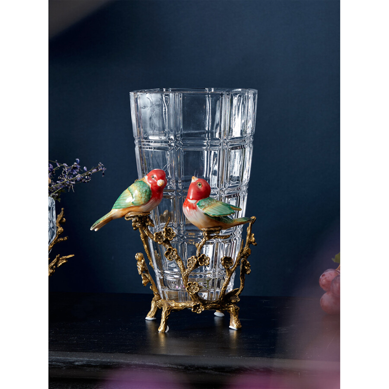 Ваза стеклянная прозрачная с бронзовым основанием в виде ветвей и фарфоровыми птичками Eden Garden
