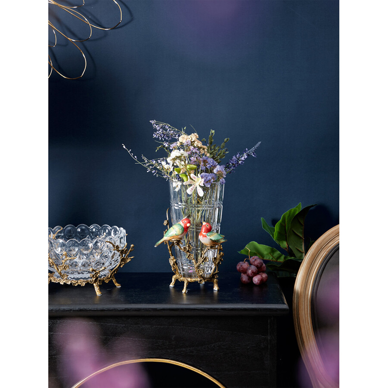Ваза стеклянная прозрачная с бронзовым основанием в виде ветвей и фарфоровыми птичками Eden Garden