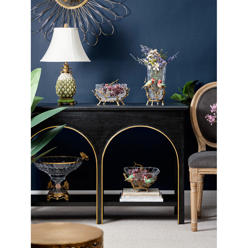 Ваза стеклянная прозрачная с бронзовым основанием в виде ветвей и фарфоровыми птичками Eden Garden